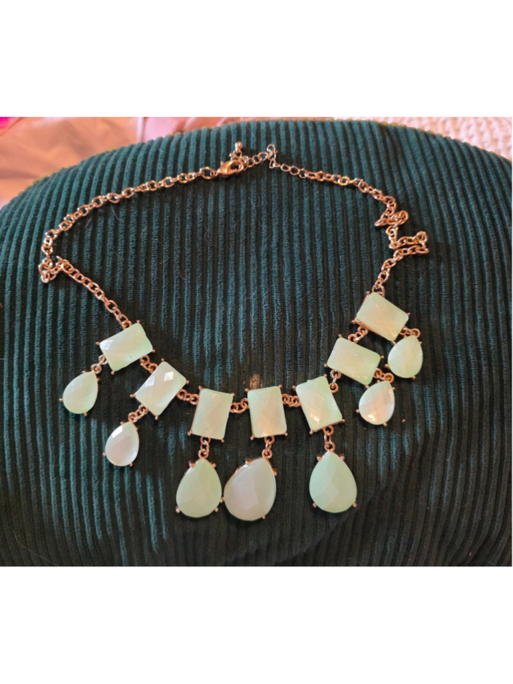Gold Tone Mint Green Faceted Statement Bib Necklace Teardrop Dangle